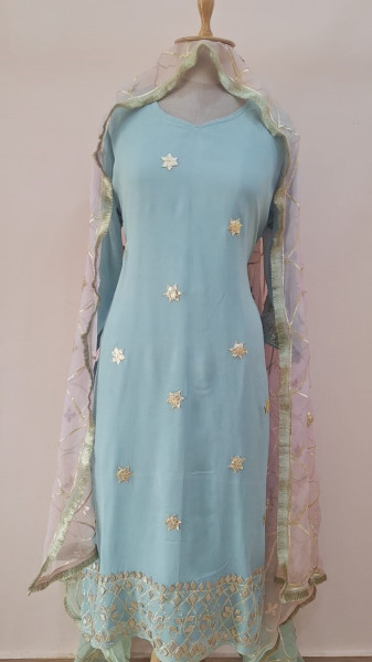 AQUA BLUE KACHHA GOTA HANDWORK SUIT PANT WITH CHIFFON PINK AND BLUE SHADED  DUPATTA SET