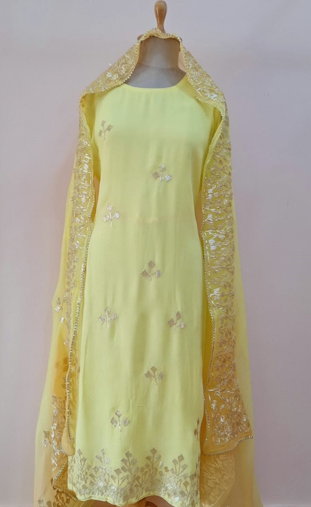 Image of LIGHT YELLOW KACHHA GOTA HANDWORK SUIT AND PANT WITH DUPATTA SET