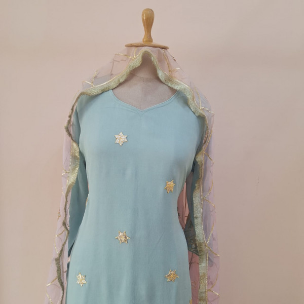 AQUA BLUE KACHHA GOTA HANDWORK SUIT PANT WITH CHIFFON PINK AND BLUE SHADED  DUPATTA SET