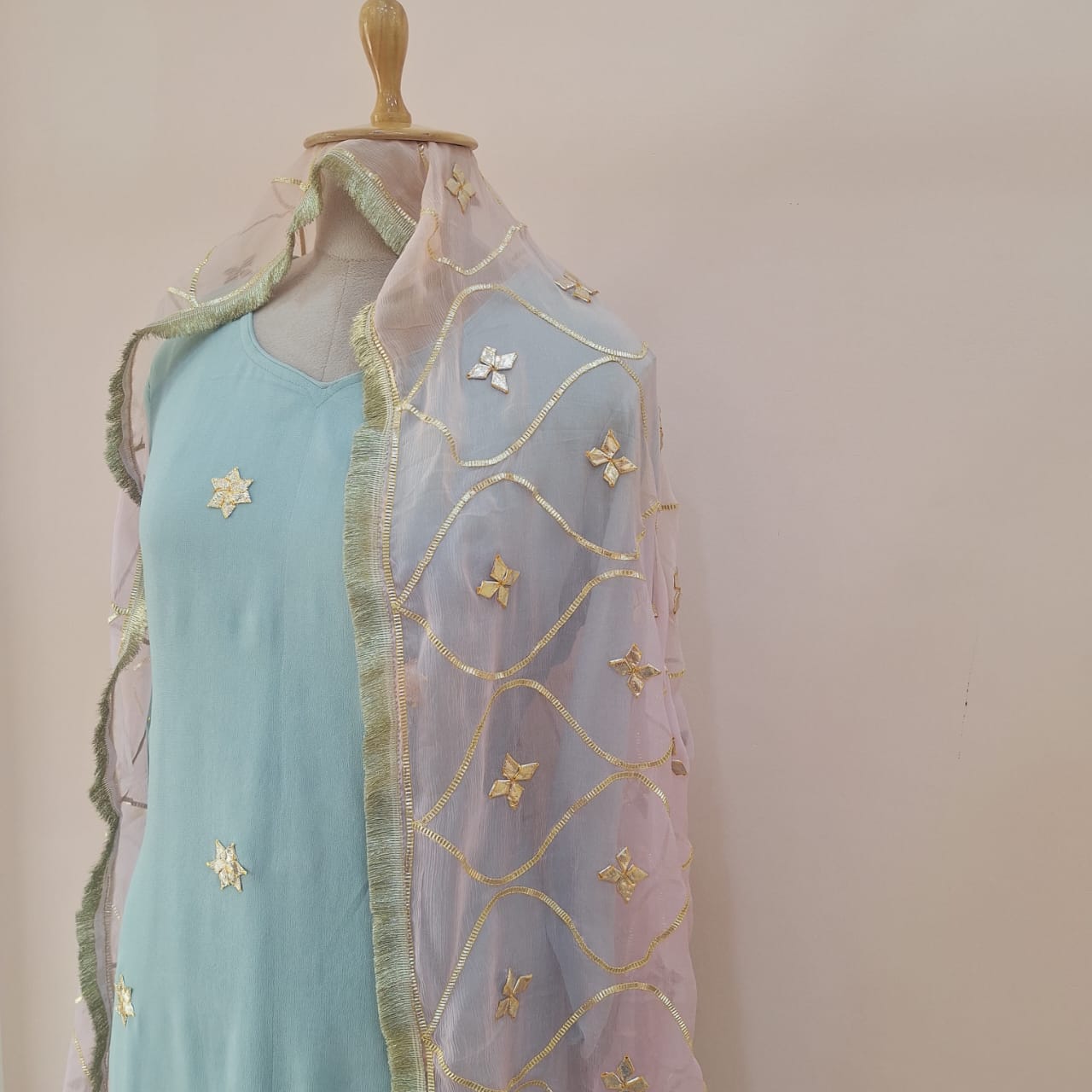 AQUA BLUE KACHHA GOTA HANDWORK SUIT PANT WITH CHIFFON PINK AND BLUE SHADED DUPATTA SET