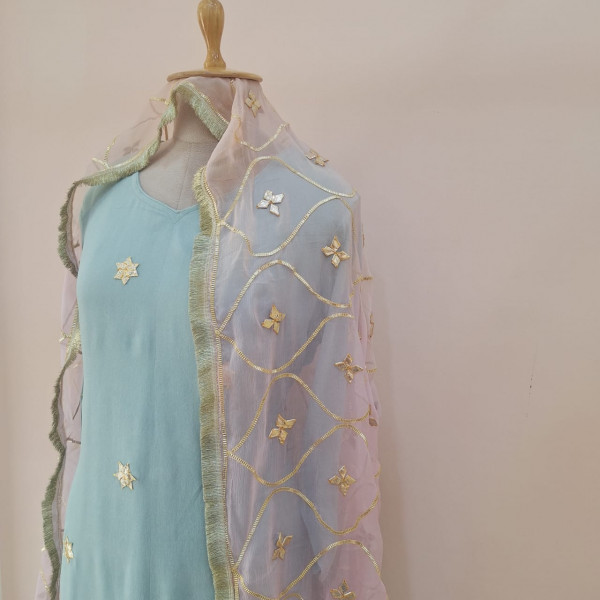 AQUA BLUE KACHHA GOTA HANDWORK SUIT PANT WITH CHIFFON PINK AND BLUE SHADED  DUPATTA SET