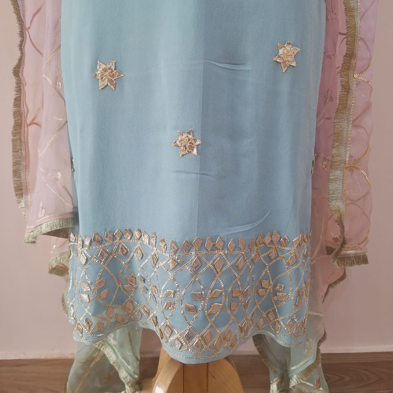 AQUA BLUE KACHHA GOTA HANDWORK SUIT PANT WITH CHIFFON PINK AND BLUE SHADED DUPATTA SET