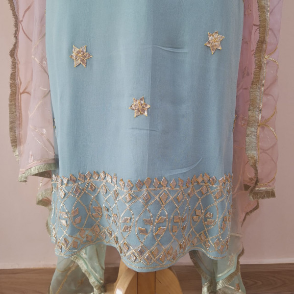 AQUA BLUE KACHHA GOTA HANDWORK SUIT PANT WITH CHIFFON PINK AND BLUE SHADED  DUPATTA SET
