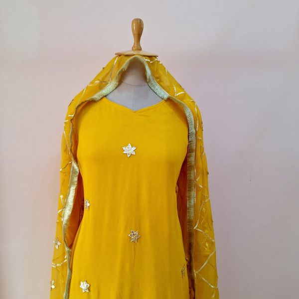 YELLOW KACHHA GOTA HANDWORK KURTI PANT WITH DUPATTA SET