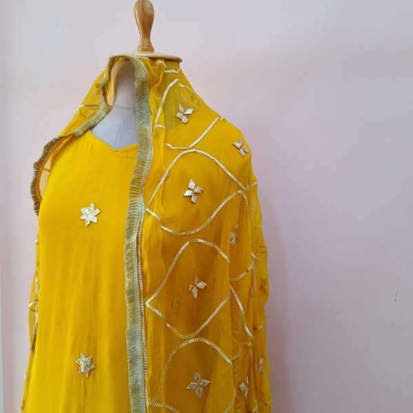 YELLOW KACHHA GOTA HANDWORK KURTI PANT WITH DUPATTA SET