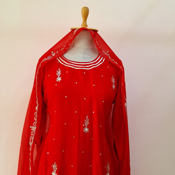 RED HANDWORK KURTI PANT WITH CHIFFON DUPATTA SET