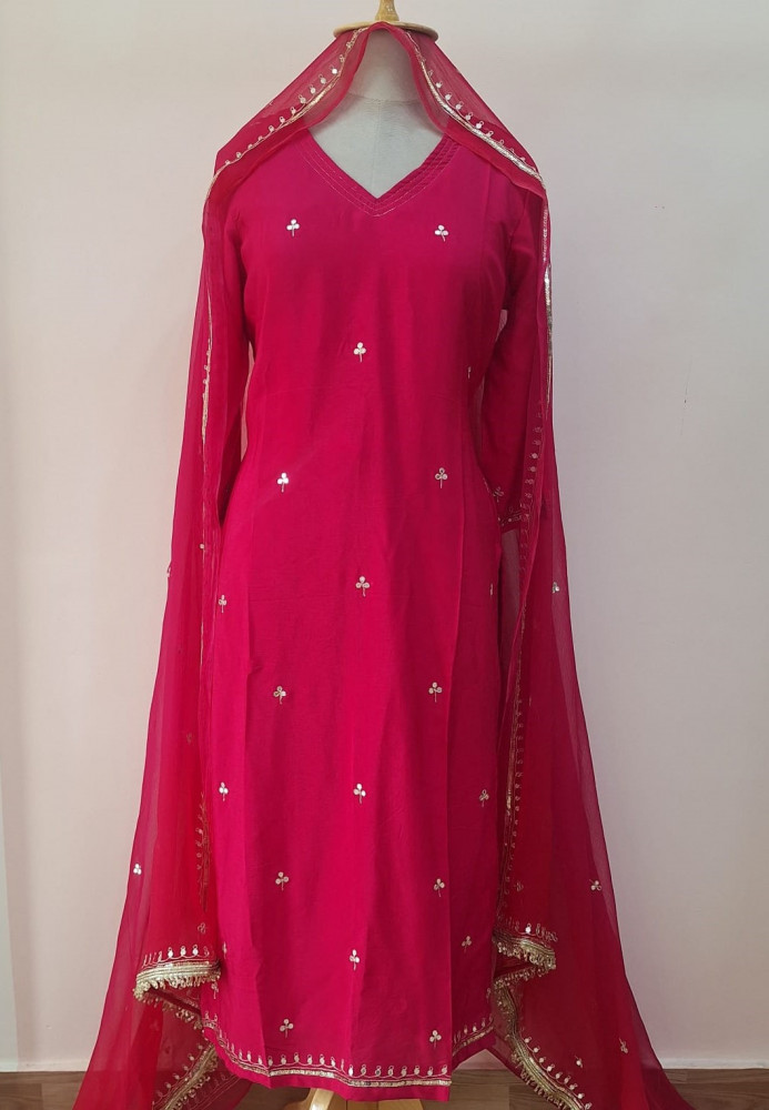 Image of RANI PINK HANDWORK SUIT AND PANT WITH DUPATTA SET