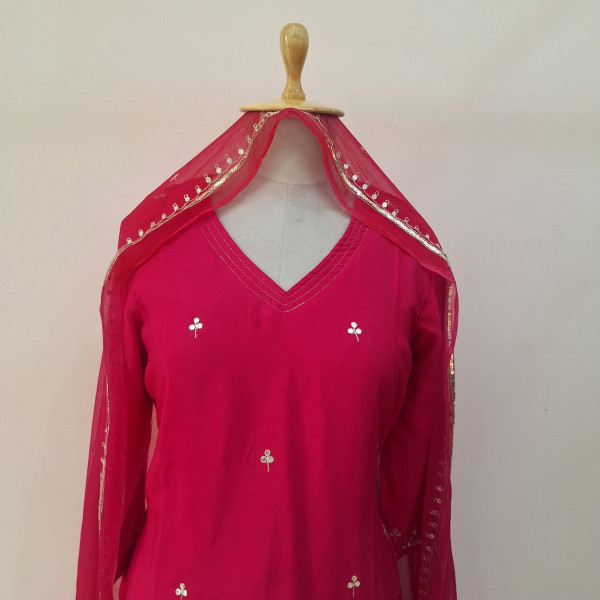 RANI PINK HANDWORK SUIT AND PANT WITH DUPATTA SET