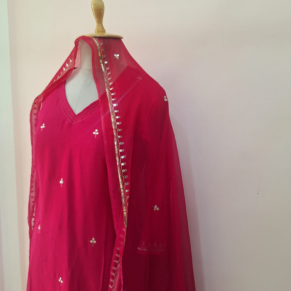 RANI PINK HANDWORK SUIT AND PANT WITH DUPATTA SET