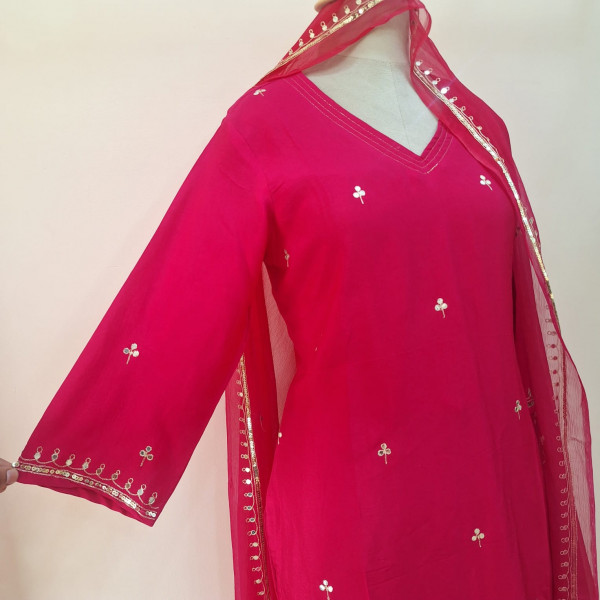 RANI PINK HANDWORK SUIT AND PANT WITH DUPATTA SET