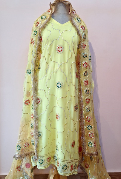 LIGHT YELLOW KACHA GOTA HANDWORK SUIT AND PANT WITH DUPATTA SET