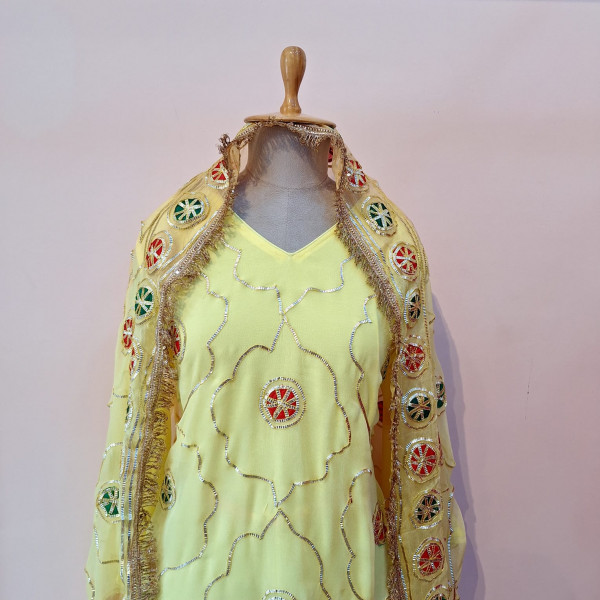 LIGHT YELLOW KACHA GOTA HANDWORK SUIT AND PANT WITH DUPATTA SET