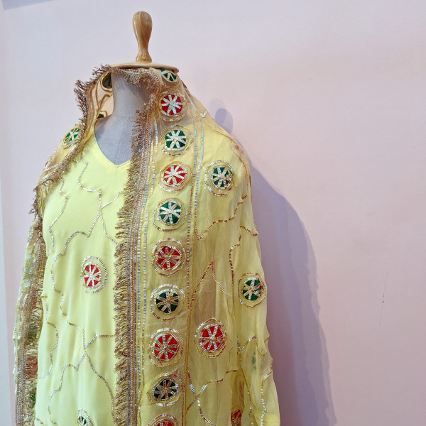 LIGHT YELLOW KACHA GOTA HANDWORK SUIT AND PANT WITH DUPATTA SET