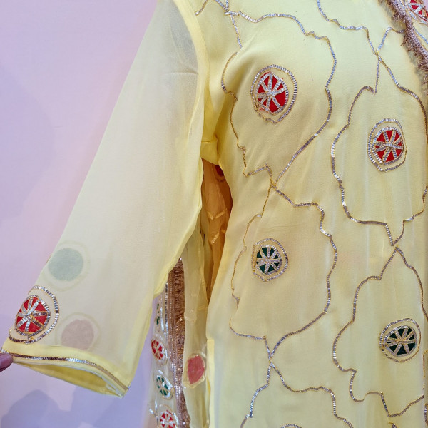 LIGHT YELLOW KACHA GOTA HANDWORK SUIT AND PANT WITH DUPATTA SET