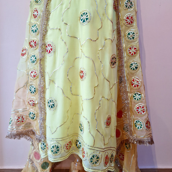 LIGHT YELLOW KACHA GOTA HANDWORK SUIT AND PANT WITH DUPATTA SET