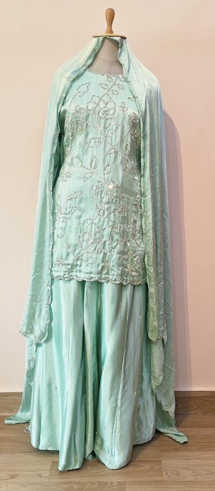 Image of LIGHT GREEN HANDWORK SHORT KURTI WITH  FLAYED PLAZO WITH DUPATTA SET