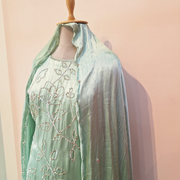 LIGHT GREEN HANDWORK SHORT KURTI WITH  FLAYED PLAZO WITH DUPATTA SET