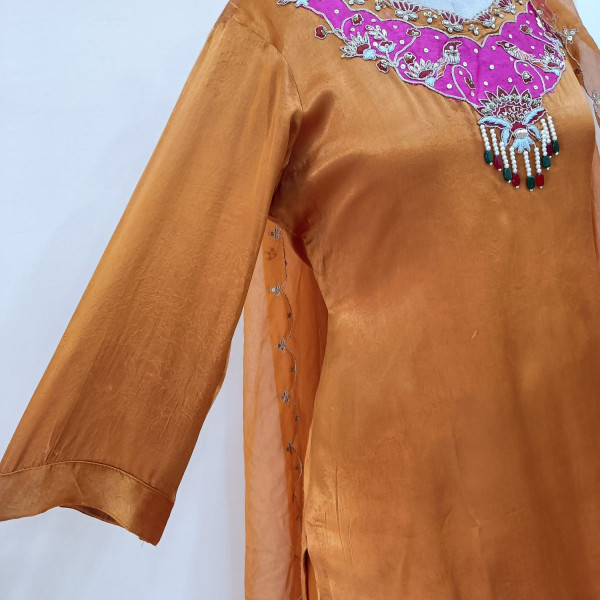 RUST ORANGE HANDWORK SHORT KURTI SKIRT WITH DUPATTA SET