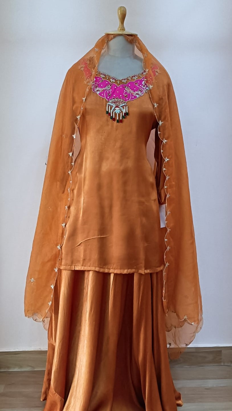 RUST ORANGE HANDWORK SHORT KURTI SKIRT WITH DUPATTA SET
