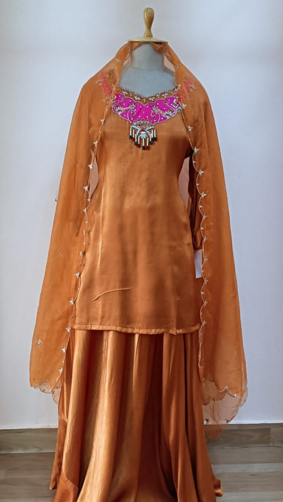 Image of RUST ORANGE HANDWORK SHORT KURTI SKIRT WITH DUPATTA SET