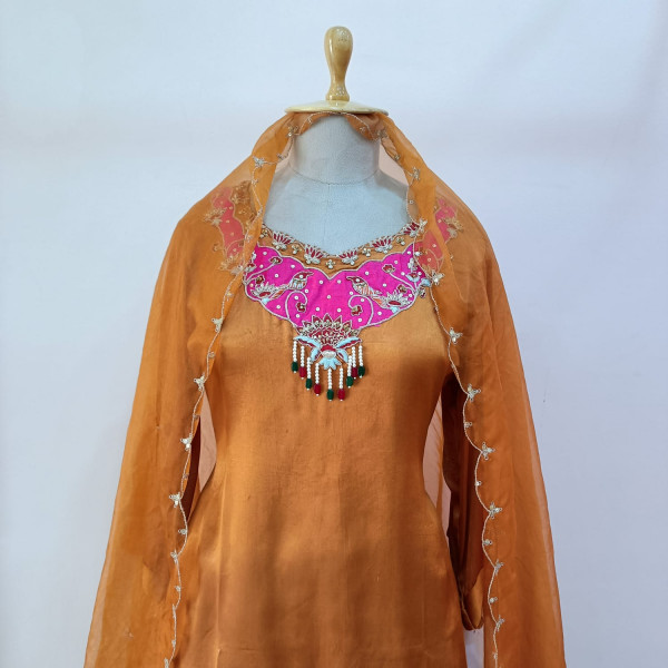 RUST ORANGE HANDWORK SHORT KURTI SKIRT WITH DUPATTA SET