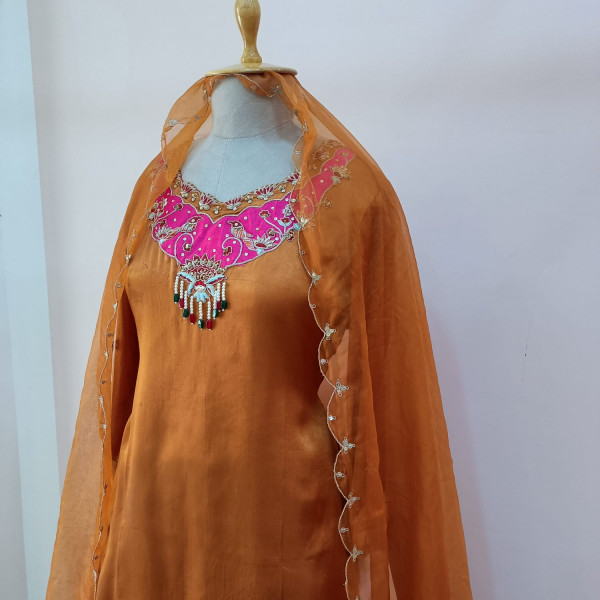 RUST ORANGE HANDWORK SHORT KURTI SKIRT WITH DUPATTA SET