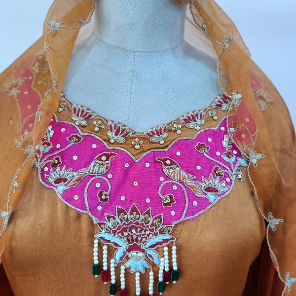 RUST ORANGE HANDWORK SHORT KURTI SKIRT WITH DUPATTA SET