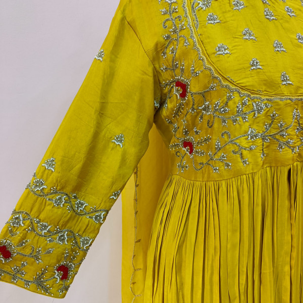 MUSTARD YELLOW HANDWORK ANARKALI PANT WITH DUPATTA SET