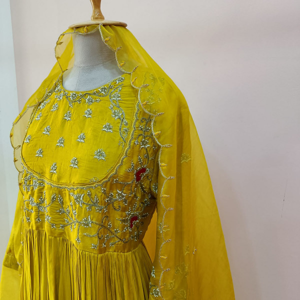 MUSTARD YELLOW HANDWORK ANARKALI PANT WITH DUPATTA SET
