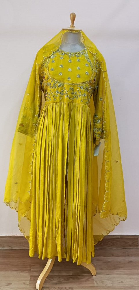 Image of MUSTARD YELLOW HANDWORK ANARKALI PANT WITH DUPATTA SET