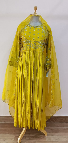 MUSTARD YELLOW HANDWORK ANARKALI PANT WITH DUPATTA SET