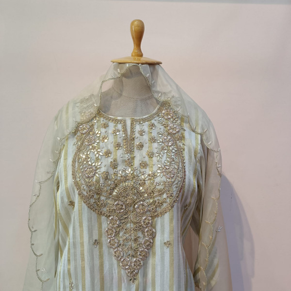 OFF WHITE HANDWORK KURTI FARSI PANTS WITH DUPATTA SET