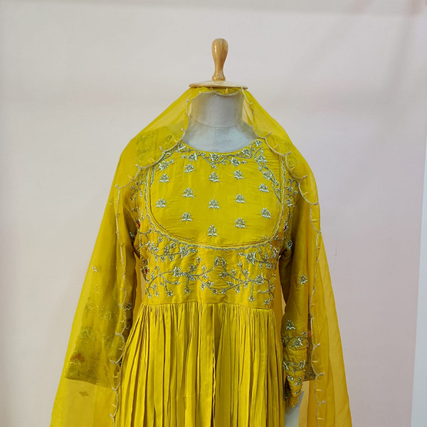 MUSTARD YELLOW HANDWORK ANARKALI PANT WITH DUPATTA SET
