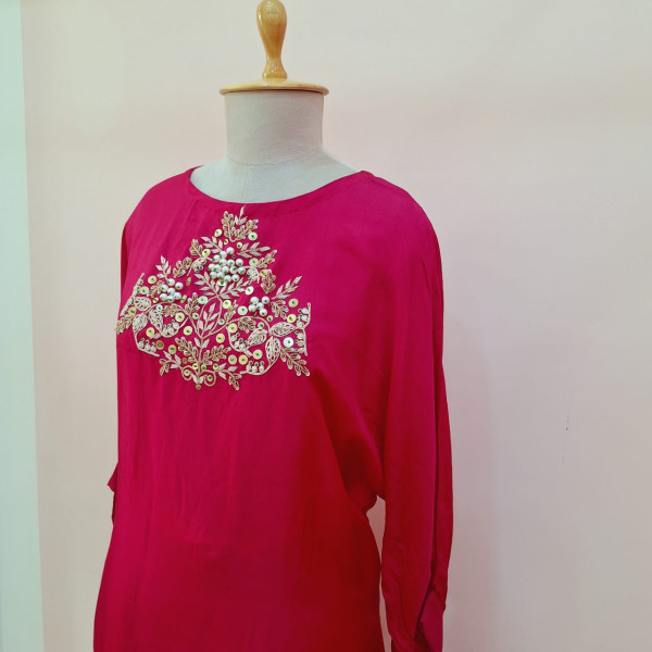 REDDISH PINK HANDWORK KURTI AND PANT SET