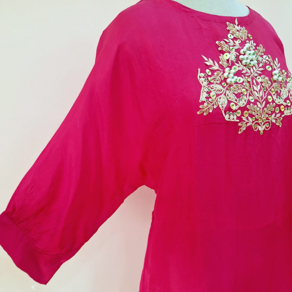 REDDISH PINK HANDWORK KURTI AND PANT SET