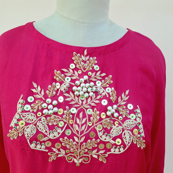 REDDISH PINK HANDWORK KURTI AND PANT SET