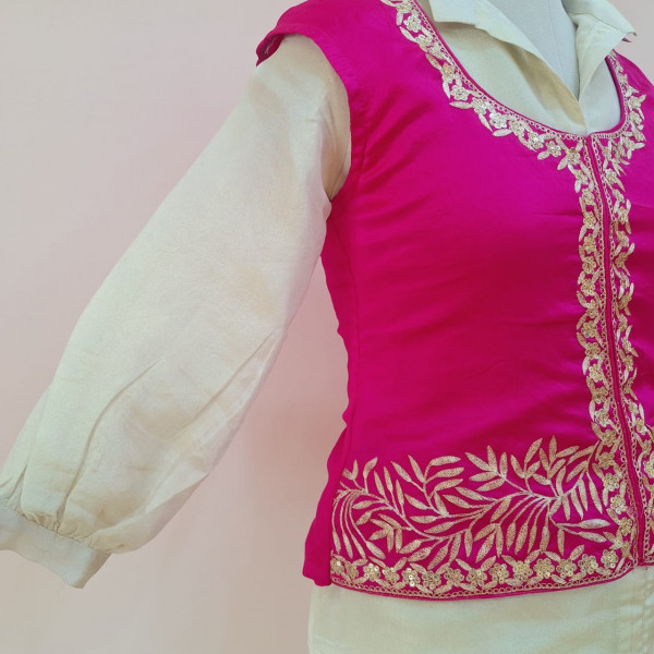 RANI PINK AND WHITE HANDWORK SHIRT BELL BOTTOM WITH KOTI SET