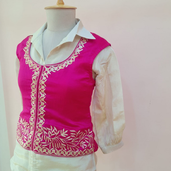 RANI PINK AND WHITE HANDWORK SHIRT BELL BOTTOM WITH KOTI SET