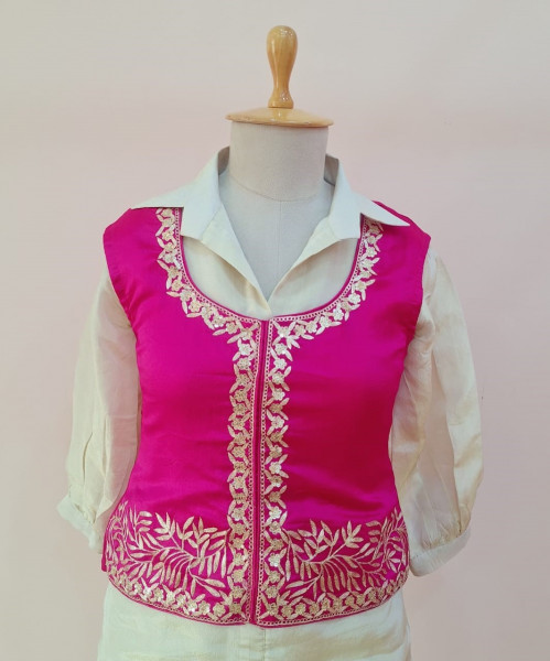 RANI PINK AND WHITE HANDWORK SHIRT BELL BOTTOM WITH KOTI SET
