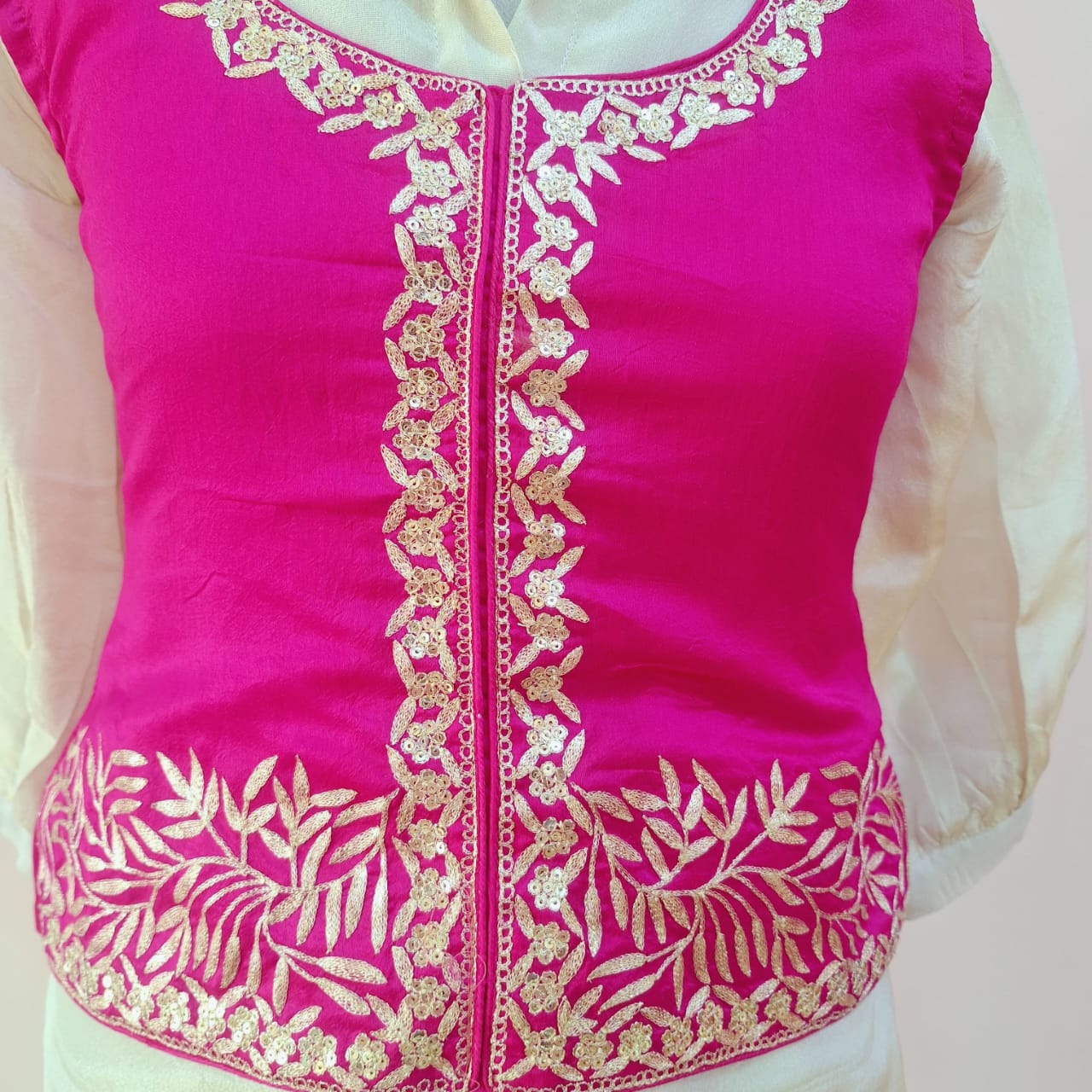 RANI PINK AND WHITE HANDWORK SHIRT BELL BOTTOM WITH KOTI SET
