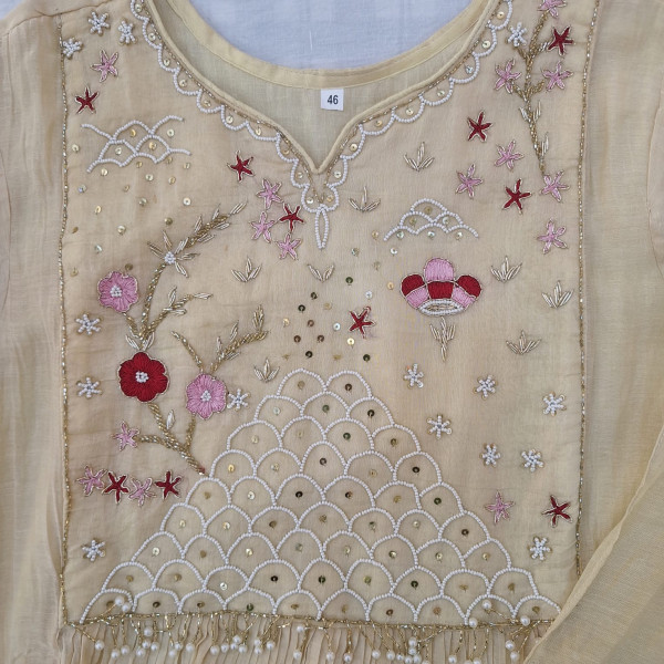 OFF WHITE MUL CHANDERI HANDWORK SUIT PANT AND DUPATTA SET