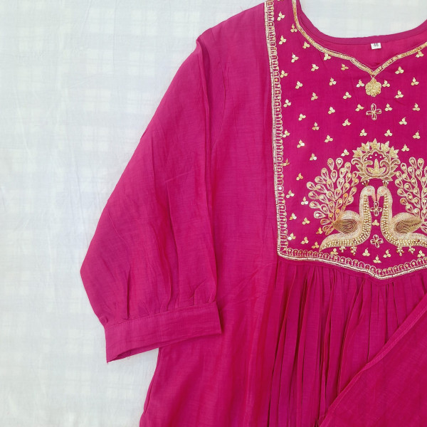 RANI PINK MUL CHANDERI HANDWORK SUIT  PANT AND DUPATTA SET