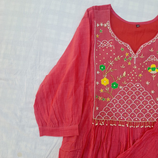 PEACH MUL CHANDERI HANDWORK SUIT PANT AND DUPATTA SET