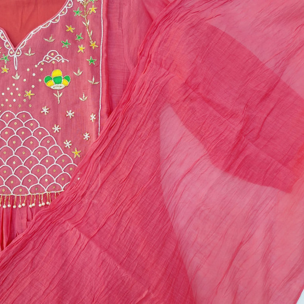 PEACH MUL CHANDERI HANDWORK SUIT PANT AND DUPATTA SET