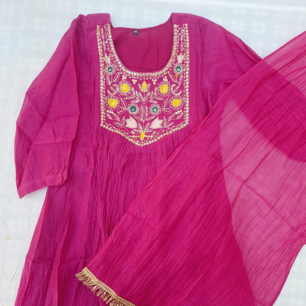 RANI MUL CHANDERI HANDWORK SUIT PANT AND DUPATTA SET