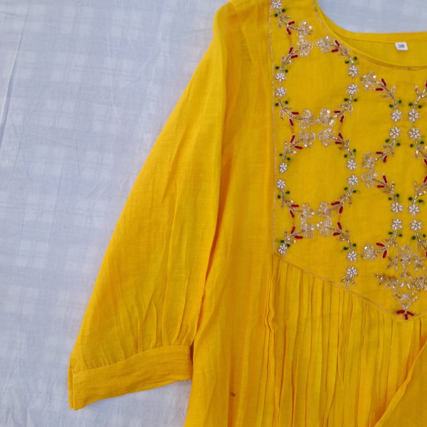 MANGO YELLOW MUL CHANDERI HANDWORK SUIT PANT AND DUPATTA SET