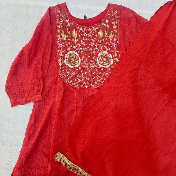 BRICK RED MUL CHANDERI HANDWORK SUIT PANT AND DUPATTA SET