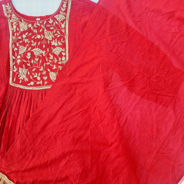 RED MUL CHANDERI HANDWORK SUIT PANT AND DUPATTA SET