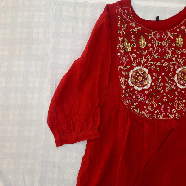BRICK RED MUL CHANDERI HANDWORK SUIT PANT AND DUPATTA SET
