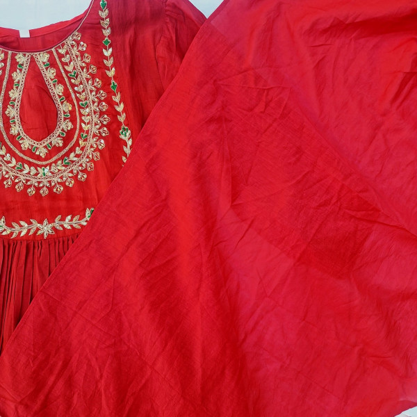 RED MUL CHANDERI HANDWORK SUIT PANT AND DUPATTA SET